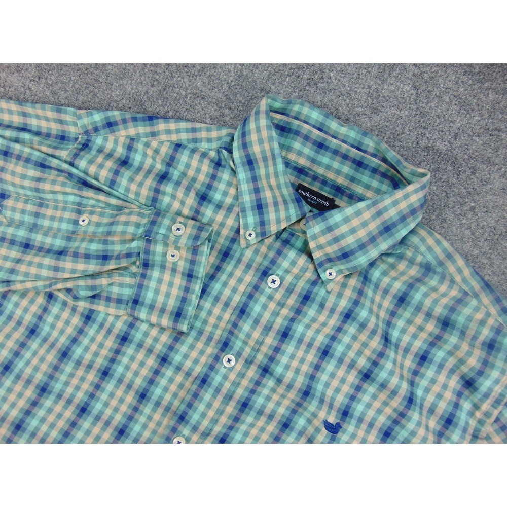 Southern Marsh Shirt Mens Large Blue Green Plaid Preppy Coastal Button Down